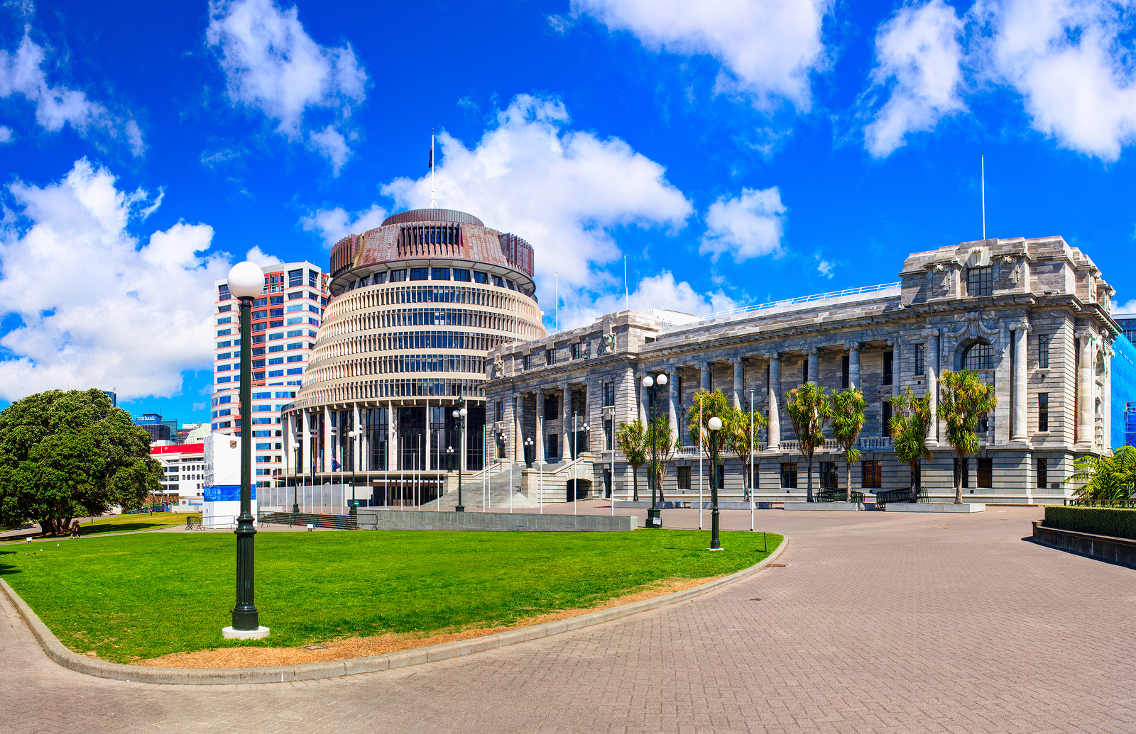 The Beehive and New Zealand Parliament building. Wellington city